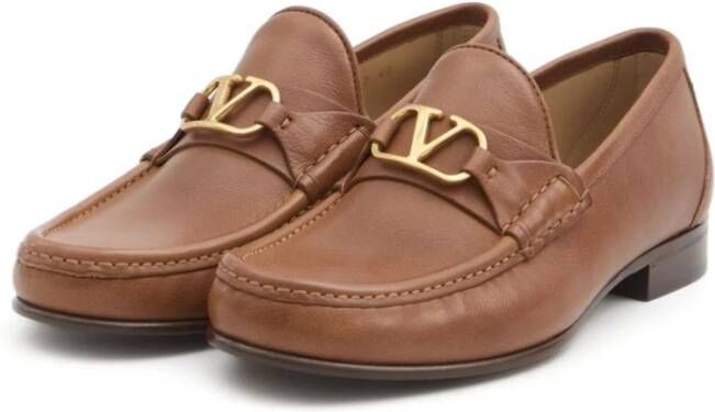 Valentino Garavani Bruin Leren Platte Schoenen VLogo Loafers Brown Heren