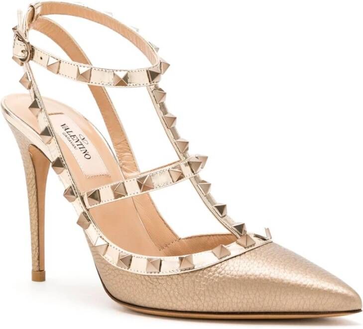 Valentino Garavani Goudkleurige Rockstud Platte Schoenen Beige Dames