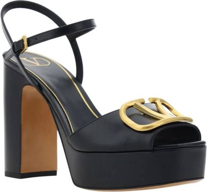 Valentino Garavani Leren Sandalen met Geometrische Hak en Gesp Black Dames