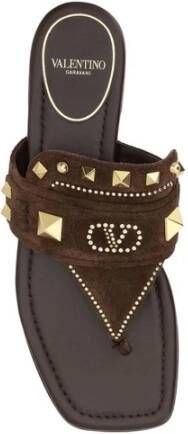 Valentino Garavani Rockstud Square Toe Thong Sandals Brown Dames