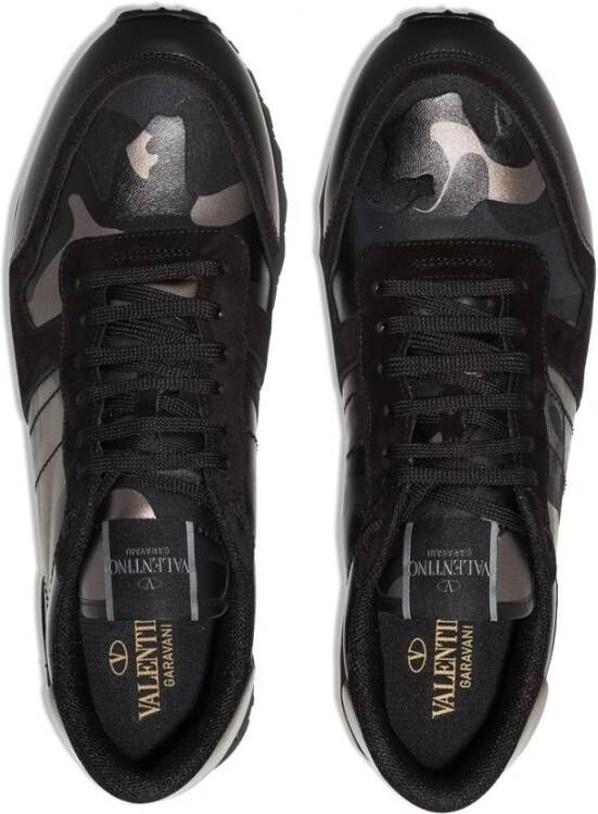 Valentino Garavani Zwarte Leren Rockrunner Camouflage Sneakers Zwart Heren