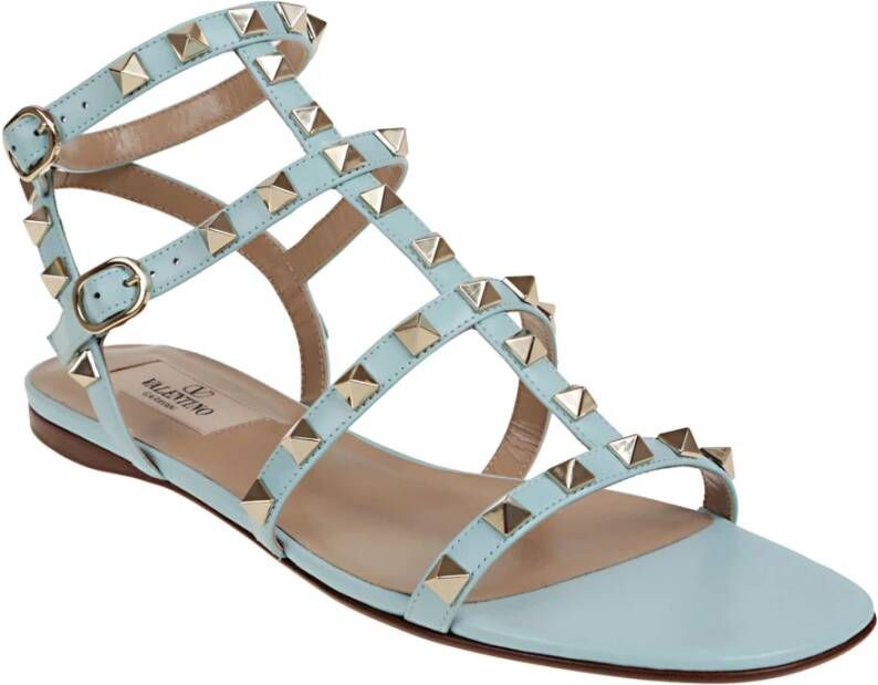 Valentino Garavani Studded Kalfsleren Enkelband Sandaal Blue Dames