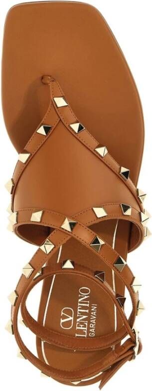 Valentino Garavani Studded Platte Sandalen Vrouwen Leer Italië Brown Dames