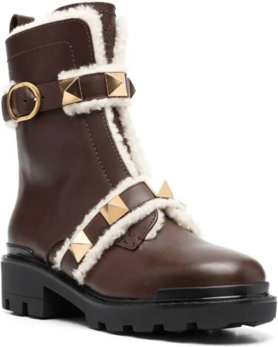 Valentino Goudkleurige Rockstud Enkellaarzen Brown Dames