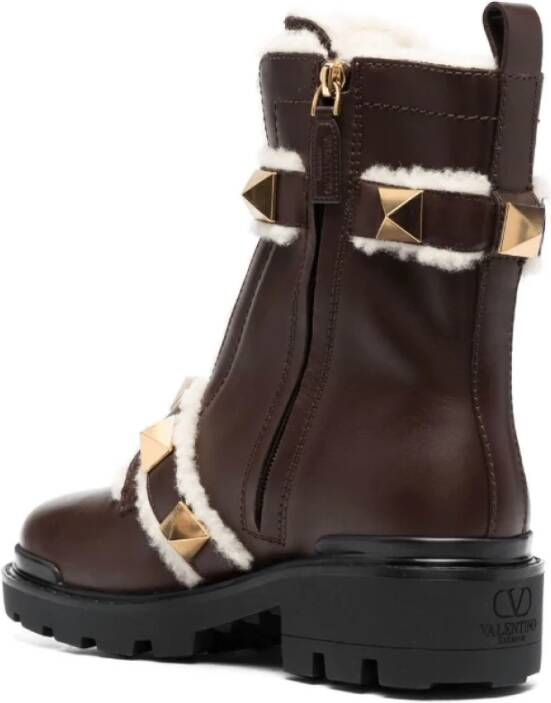 Valentino Goudkleurige Rockstud Enkellaarzen Brown Dames