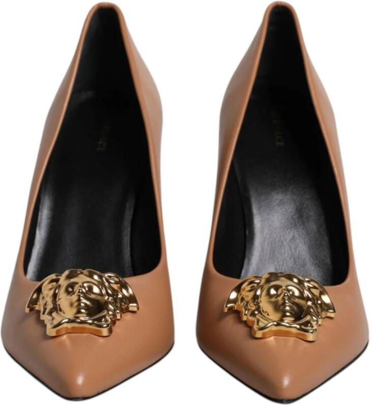 Versace Bruin Leren Logo Hoge Hakken Pumps Brown Dames