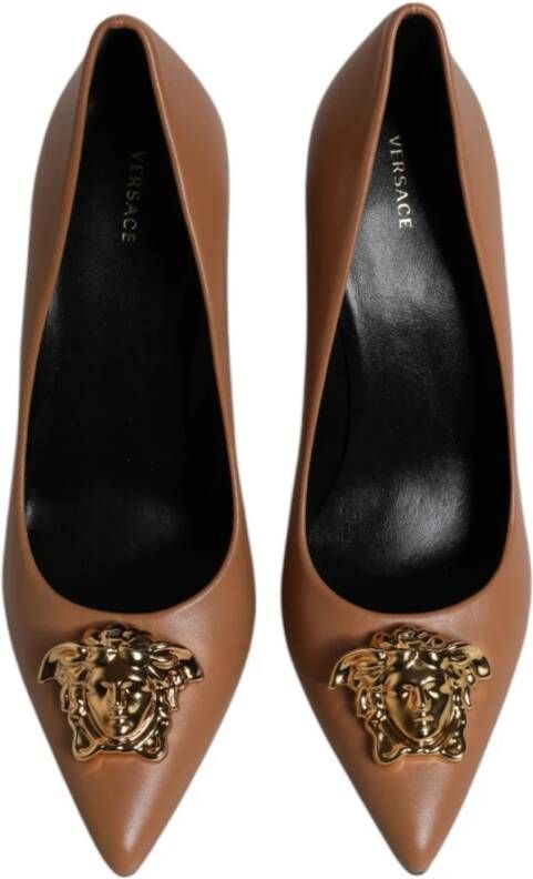 Versace Bruin Leren Logo Hoge Hakken Pumps Brown Dames