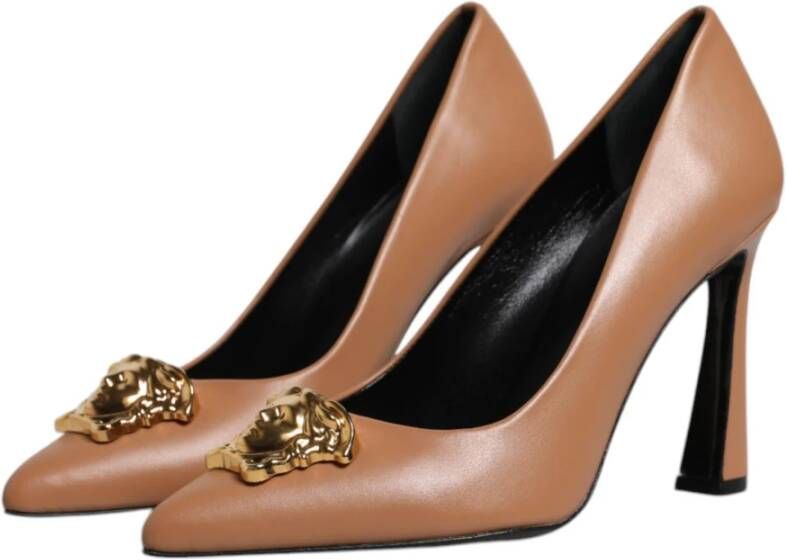 Versace Bruin Leren Logo Hoge Hakken Pumps Brown Dames