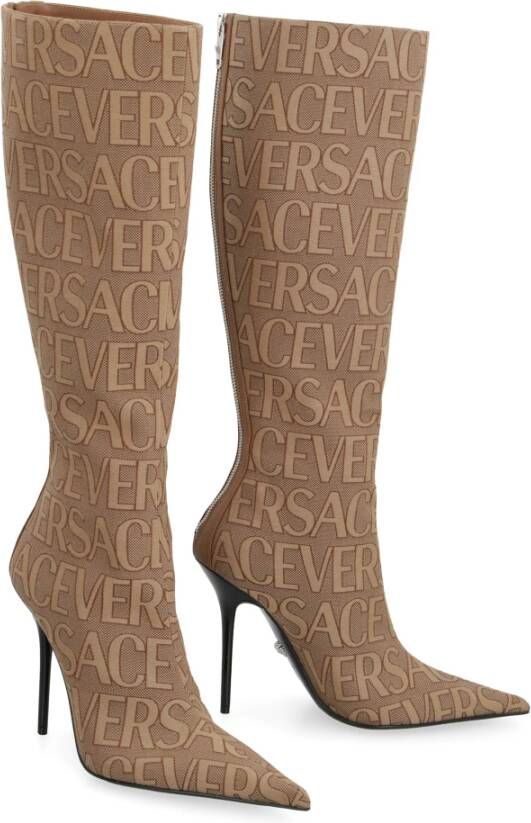 Versace Jacquard Stoffen Kniehoge Laarzen Beige Dames