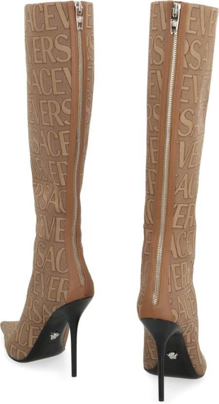 Versace Jacquard Stoffen Kniehoge Laarzen Beige Dames