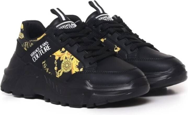 Versace Jeans Couture Barok Detail Zwart Leren Platte Schoenen Black Heren