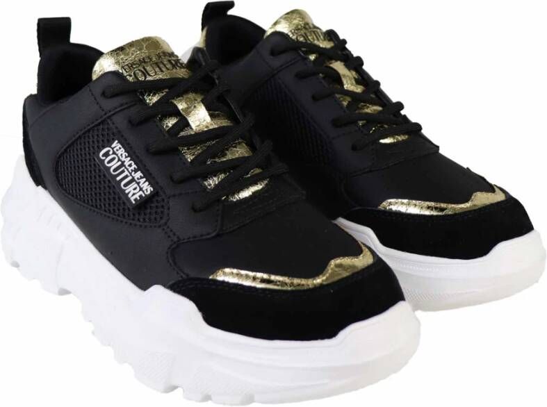 Versace Jeans Couture Zwarte en Gouden Leren Sneakers Black Dames