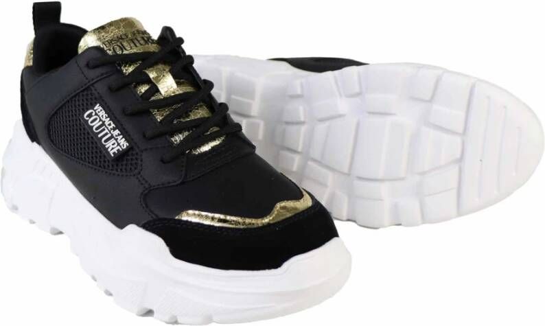 Versace Jeans Couture Zwarte en Gouden Leren Sneakers Black Dames