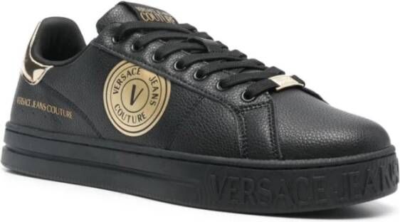 Versace Jeans Couture Zwarte leren platte schoenen met gouden details Black Heren