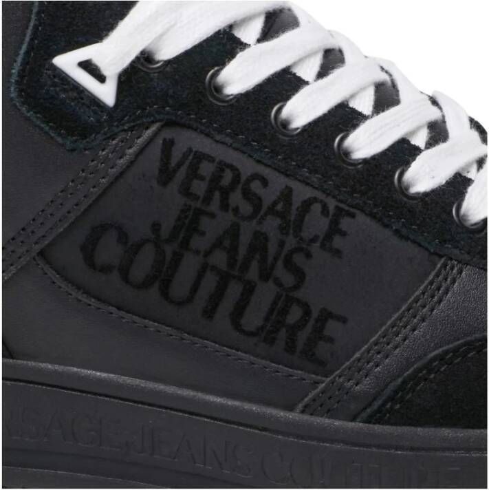 Versace Jeans Couture Zwarte Leren Sneakers met Suède Logo Black Dames