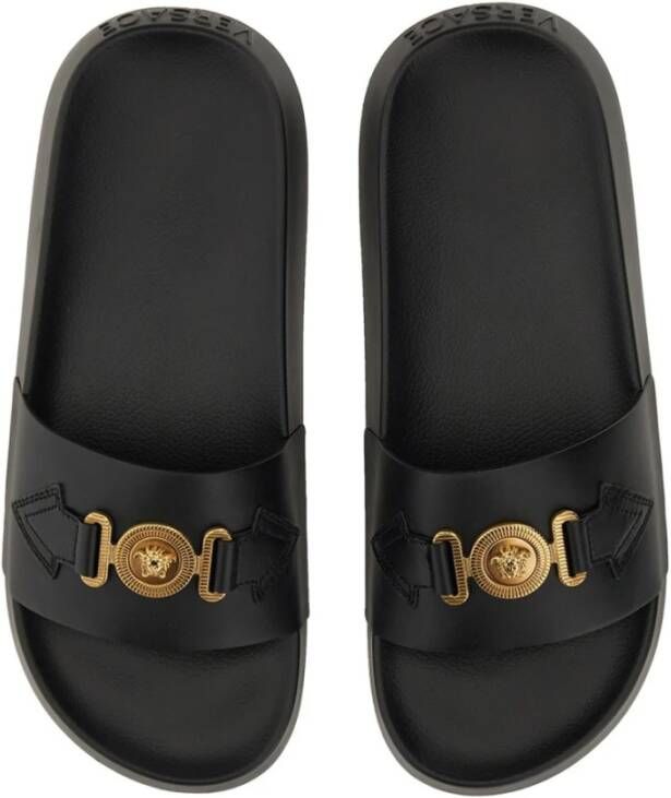 Versace Leren Slide Sandaal Gemaakt in Italië Black Heren