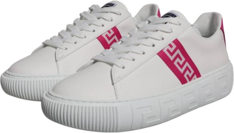 Versace Wit Roze Leren Sneakers met Logo White Heren