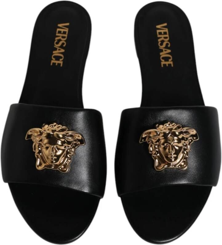 Versace Zwarte leren logo instap sandalen Black Dames