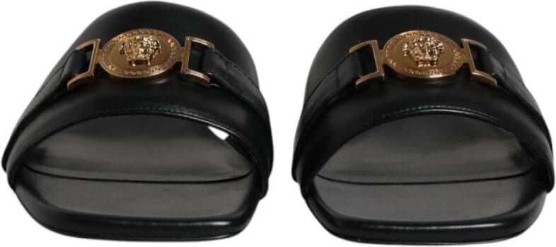 Versace Zwarte leren logoslippers Black Dames