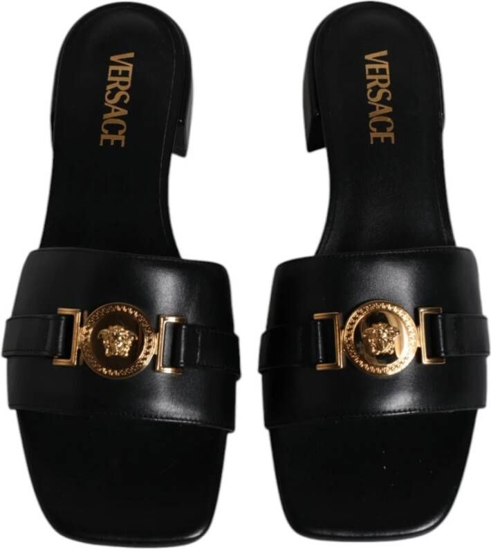 Versace Zwarte leren logoslippers Black Dames