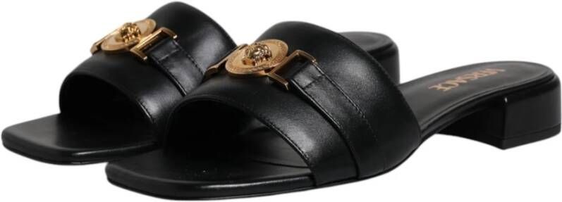 Versace Zwarte leren logoslippers Black Dames