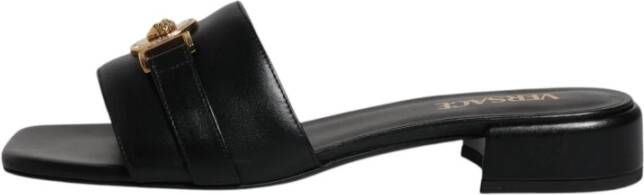 Versace Zwarte leren logoslippers Black Dames