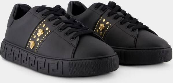 Versace Zwarte Leren Sneakers Ronde Neus Black Heren