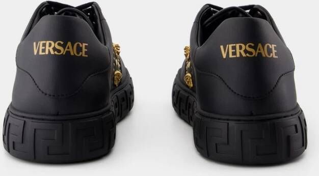 Versace Zwarte Leren Sneakers Ronde Neus Black Heren