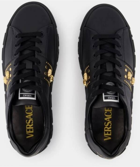 Versace Zwarte Leren Sneakers Ronde Neus Black Heren