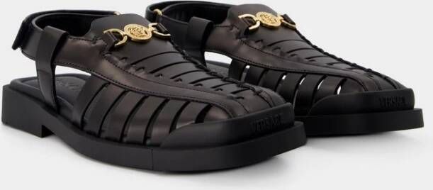 Versace Zwarte Leren Vierkante Open Sandalen Black Heren