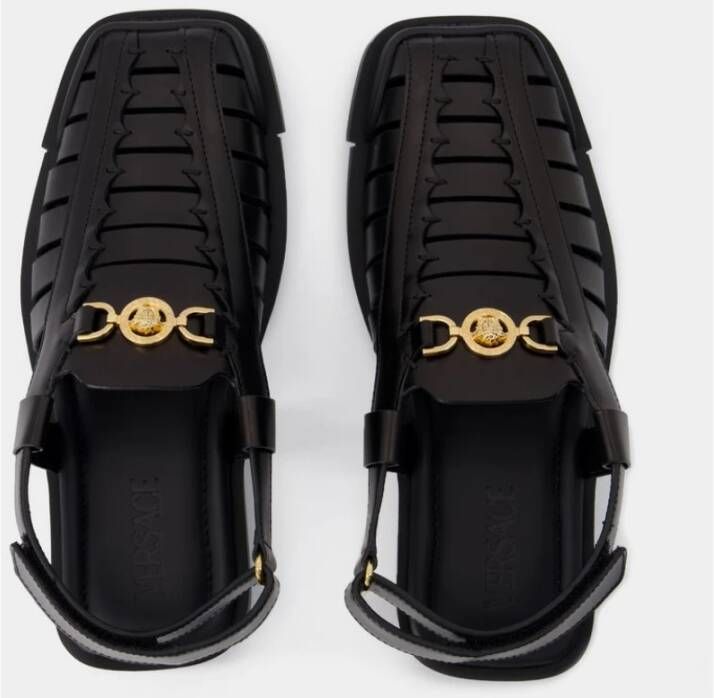 Versace Zwarte Leren Vierkante Open Sandalen Black Heren