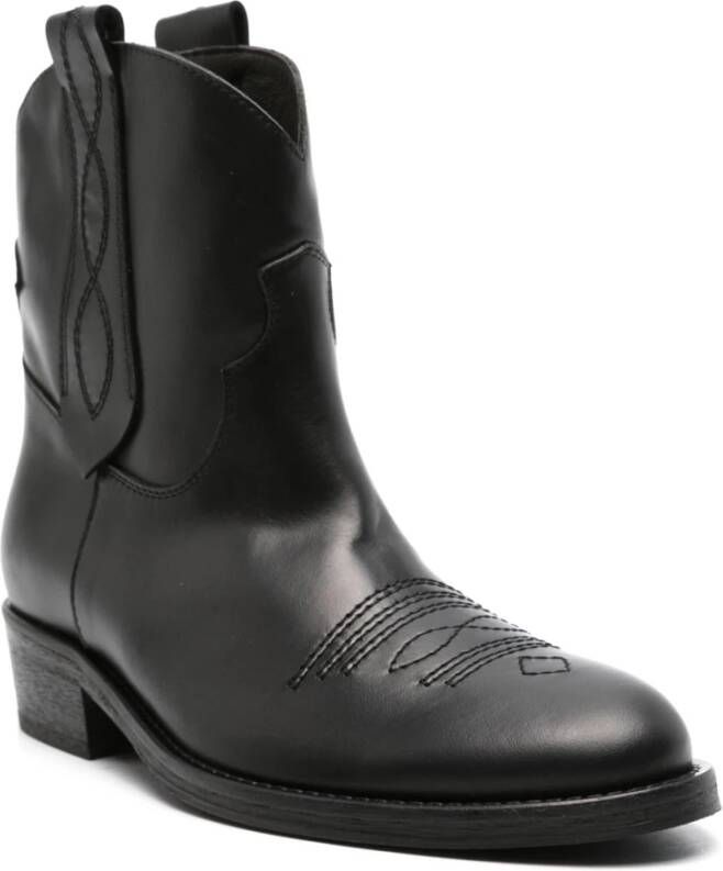 Via Roma 15 Zwarte Western Style Leren Enkellaarzen Black Dames