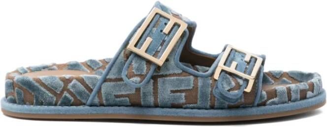 Fendi Blauwe Dubbele Gesp Platte Sandalen Blue Dames