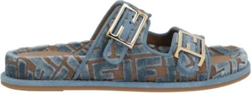 Fendi Blauwe Jacquard Platte Sandalen Blue Dames