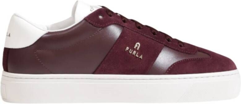 Furla Bordeaux Leren Sneakers Rubberen Zool Veters Red Dames