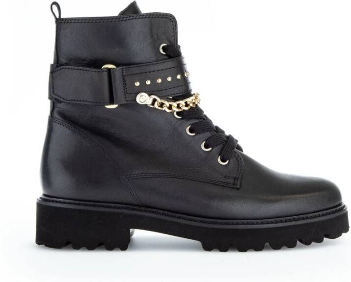 Gabor Zwarte Leren Veterschoenen met Gouden Kettingdetail Black Dames