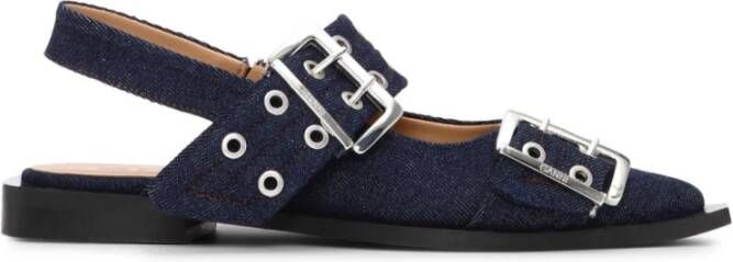 Ganni Blauwe Denim Slingback Platte Schoenen Blue Dames