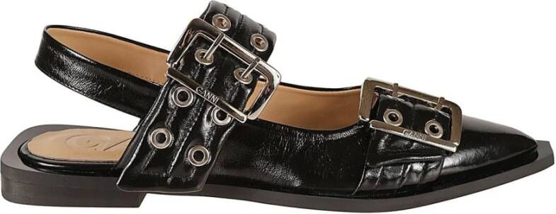 Ganni Chunky Silver-toned metal Buckle ballet flats Black Dames