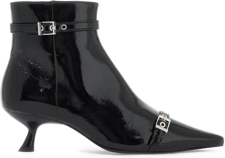 Ganni Eco-Patent Leren Enkellaarzen met Kitten Heel Black Dames