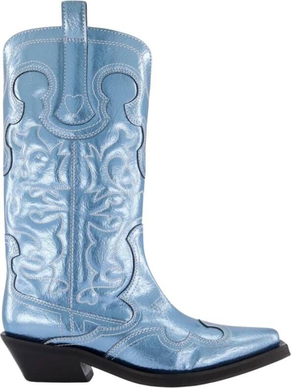 Ganni Geborduurde Western Boot Blauw Blue Dames