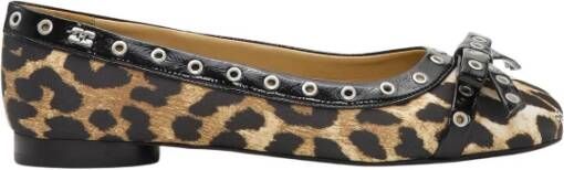 Ganni Leopard Satin Bow Ballerinas Brown Dames