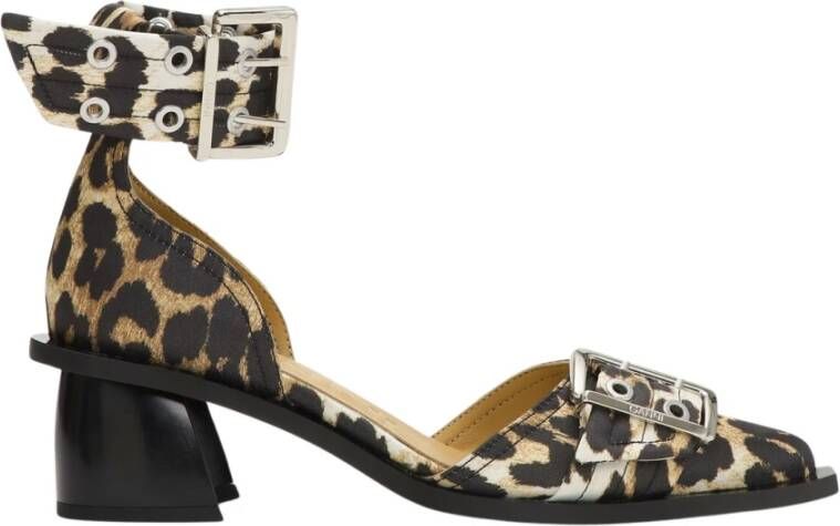 Ganni Leopard Satin Open Cut Pumps Brown Dames