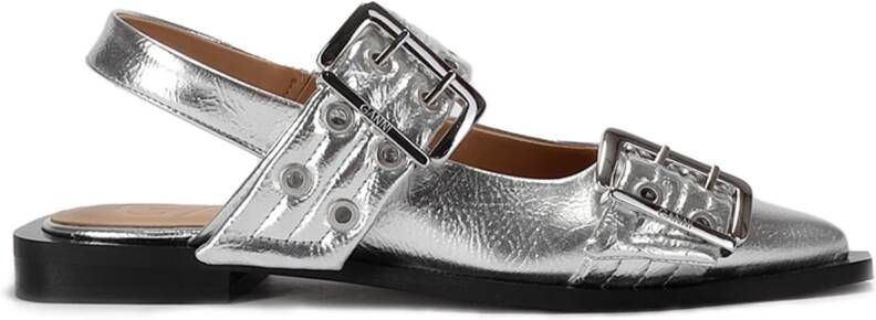 Ganni Metallic Buckle Ballerina Schoenen Gray Dames