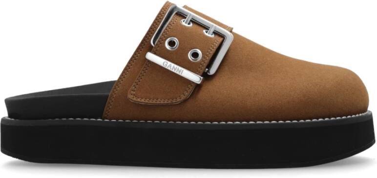 Ganni Suede Buckle Mules Flatform Schoenen Brown Dames