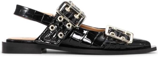 Ganni Chunky Silver-toned metal Buckle ballet flats Black Dames