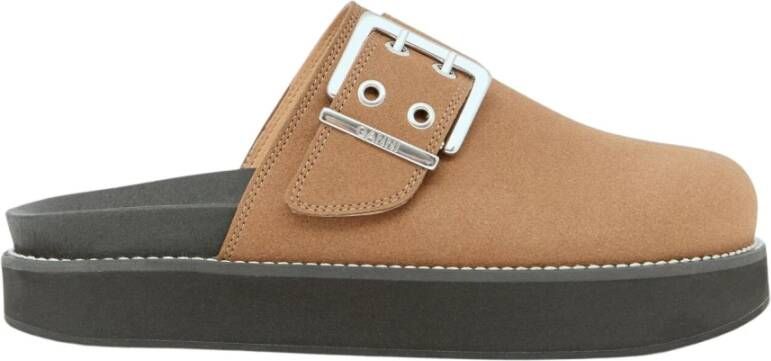 Ganni Suede Buckle Mules Flatform Schoenen Brown Dames