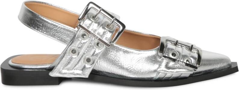 Ganni Metallic Buckle Ballerina Schoenen Gray Dames