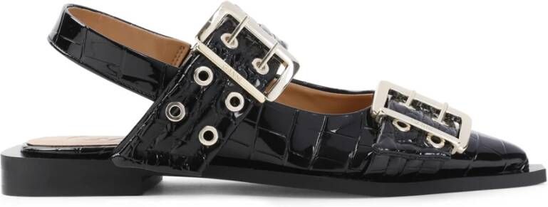 Ganni Chunky Silver-toned metal Buckle ballet flats Black Dames