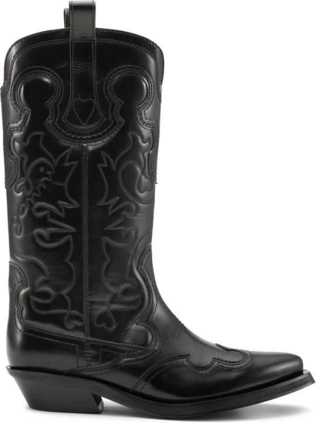 Ganni Zwarte Geborduurde Western Mid-Calf Laarzen Black Dames