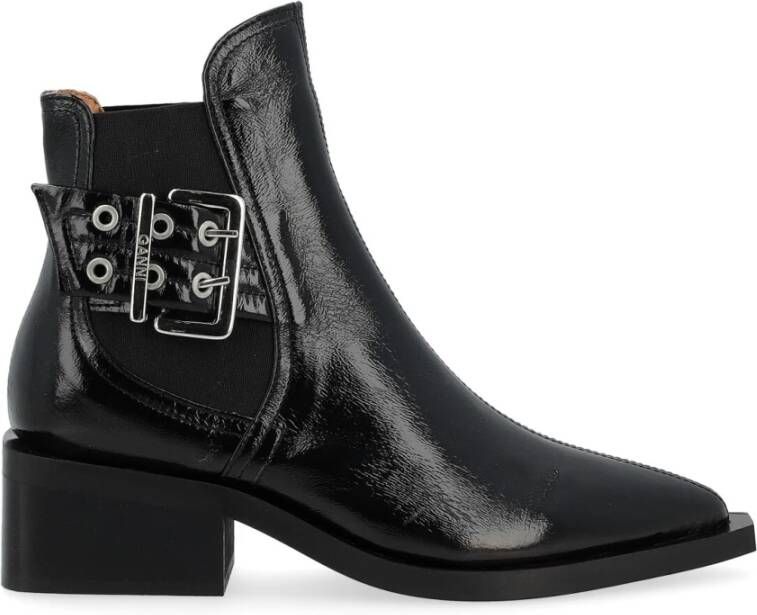 Ganni Zwarte Vegan Leren Chelsea Boot met Zilveren Gesp Black Dames